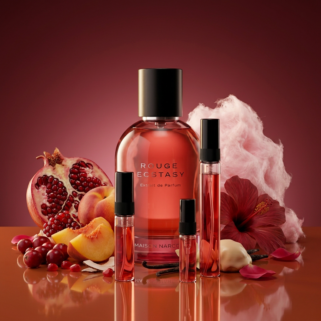 Rouge Ecstasy de Maison Narcose avec des vaporisateurs de décant dans un décor fruité et floral