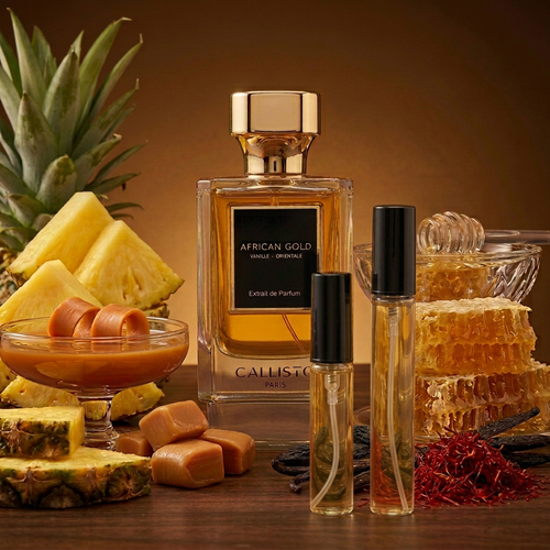 African Gold de Callisto Paris avec deux vaporisateurs de décant, formats 10 et 30 ml