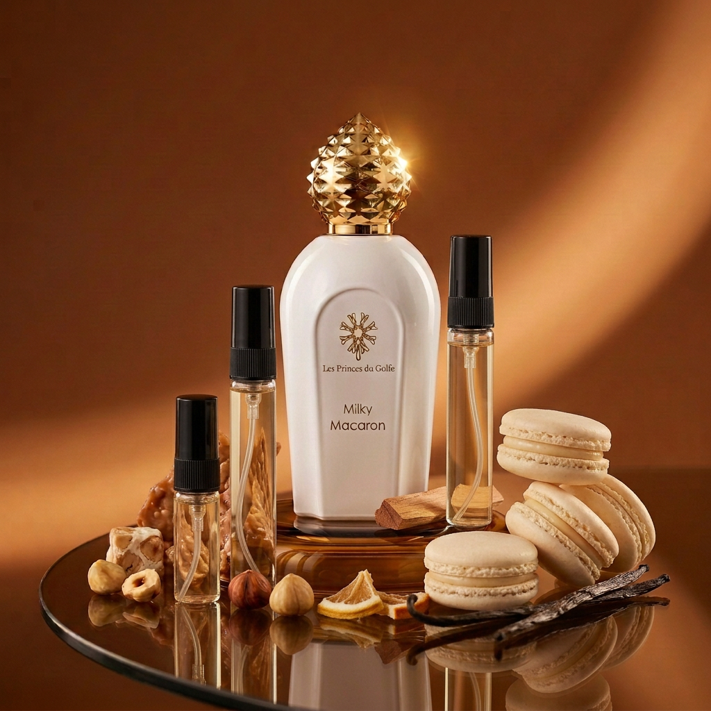 Milky Macaron avec trois vaporisateurs de décant, macarons, vanille et praliné