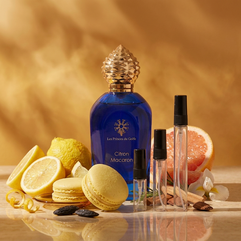 Citron Macaron avec trois vaporisateurs de décant, agrumes et macarons au citron