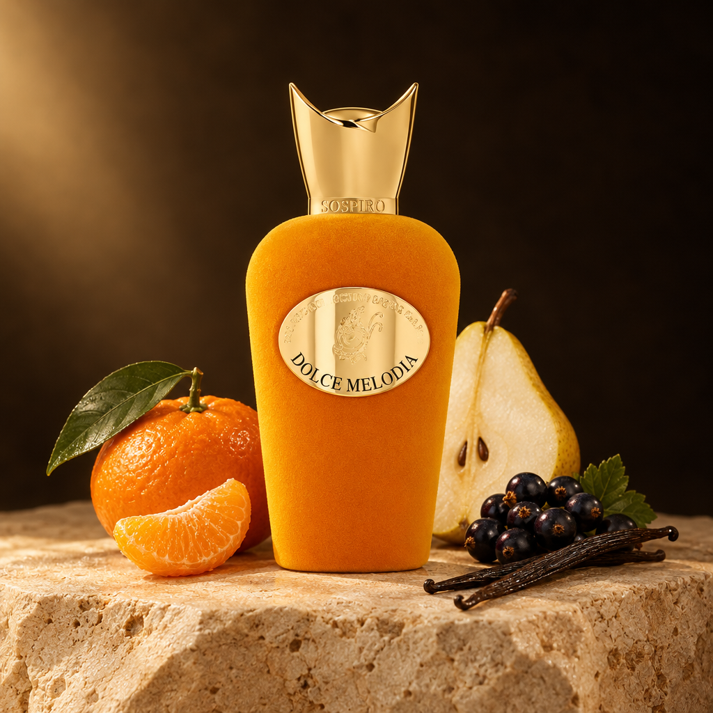 Flacon Sospiro Dolce Melodia entouré d’agrumes, de poire, de vanille et de cassis.