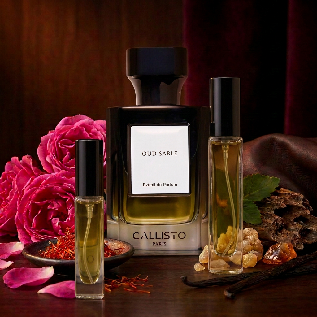 Callisto Paris Oud Sable avec étiquette dégagée et deux vaporisateurs de décant