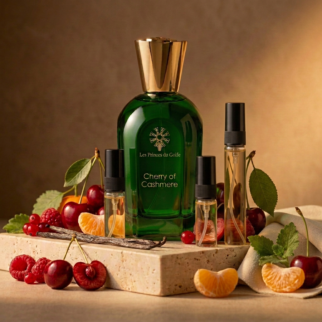 Cherry of Cashmere avec trois vaporisateurs de décant, cerises et fruits rouges