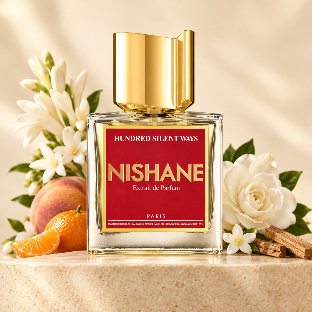 Nishane Hundred Silent Ways dans un décor crème et doré avec fleurs blanches et fruits