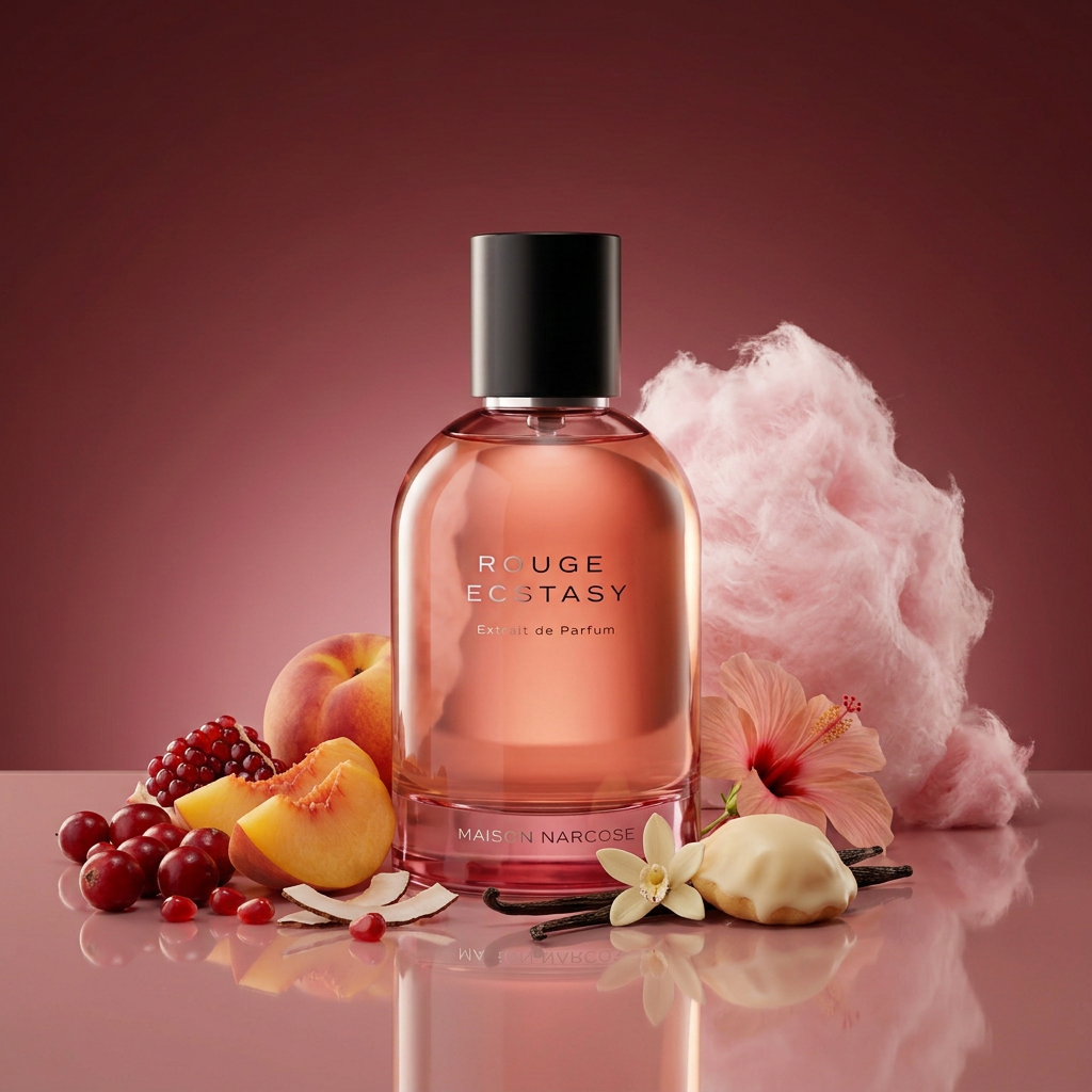 Rouge Ecstasy de Maison Narcose dans un décor rose gourmand avec fruits et barbe à papa