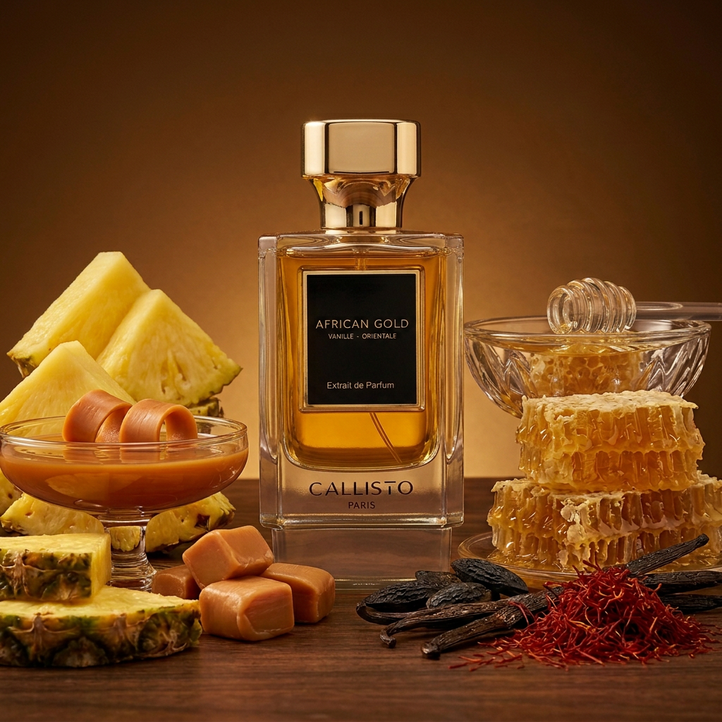 African Gold de Callisto Paris dans un décor doré avec ananas, caramel, miel et vanille