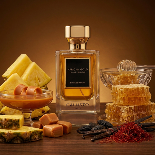 African Gold de Callisto Paris dans un décor doré avec ananas, caramel, miel et vanille