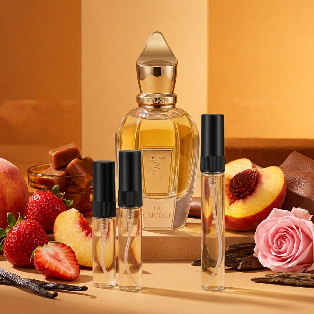 Xerjoff La Capitale avec petits vaporisateurs, fraises, pêche et caramel