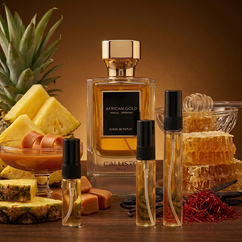African Gold de Callisto Paris avec des vaporisateurs de décant, ananas, caramel et miel