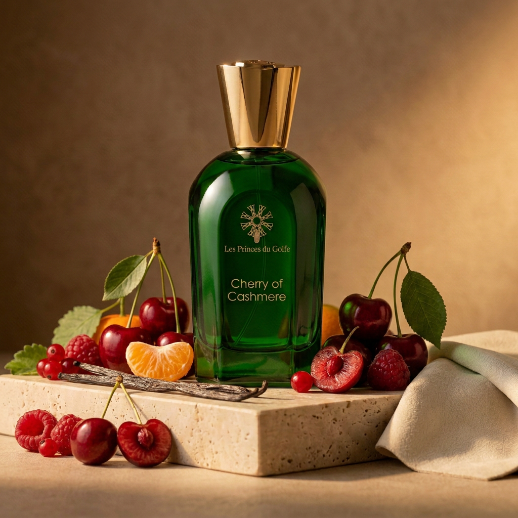 Cherry of Cashmere avec une composition généreuse de cerises, fruits rouges et vanille dans une lumière chaude
