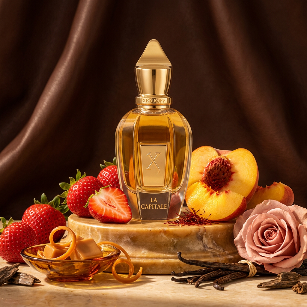 Xerjoff La Capitale avec fraises, pêche et caramel dans une lumière dorée